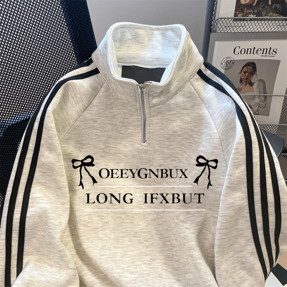 Stand Yaka Fermuarlı Baskılı Sweatshirt