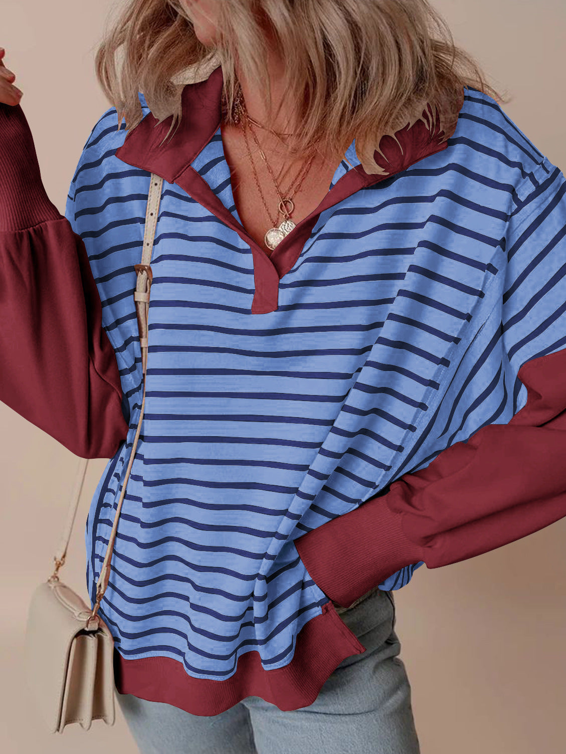 Oversize Renk Bloklama Çizgili Sweatshirt