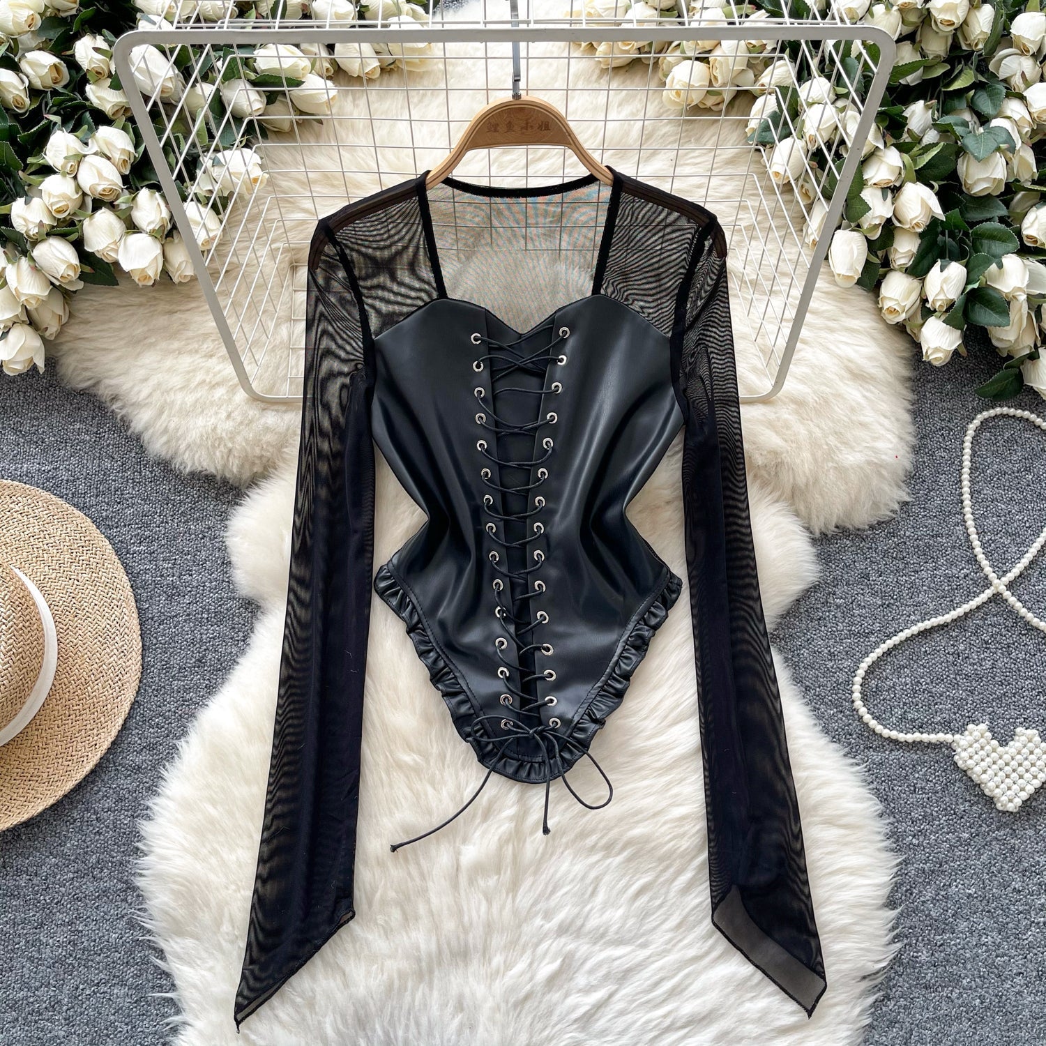 Düz Bağcıklı PU Ağı Mesh Patchwork Üst