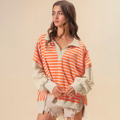 Oversize Renk Bloklama Çizgili Sweatshirt