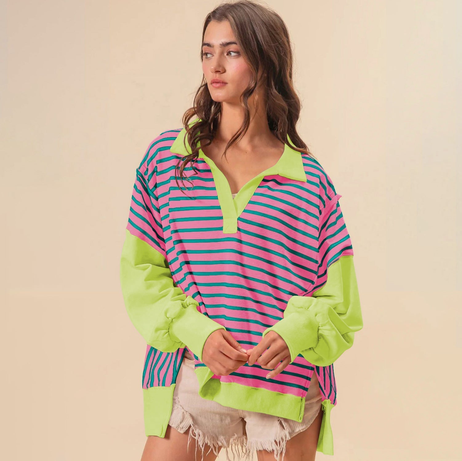 Oversize Renk Bloklama Çizgili Sweatshirt