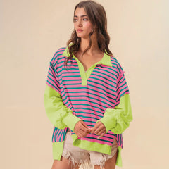 Oversize Renk Bloklama Çizgili Sweatshirt