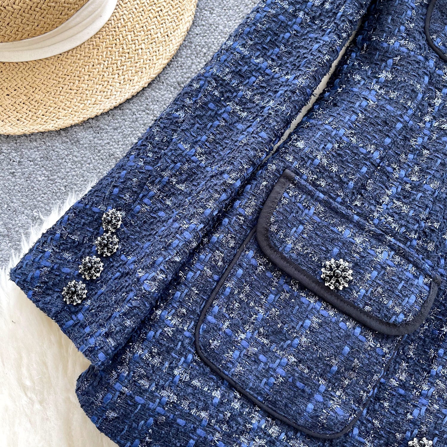 Premium Yuvarlak Yaka Tweed Mavi Blazer