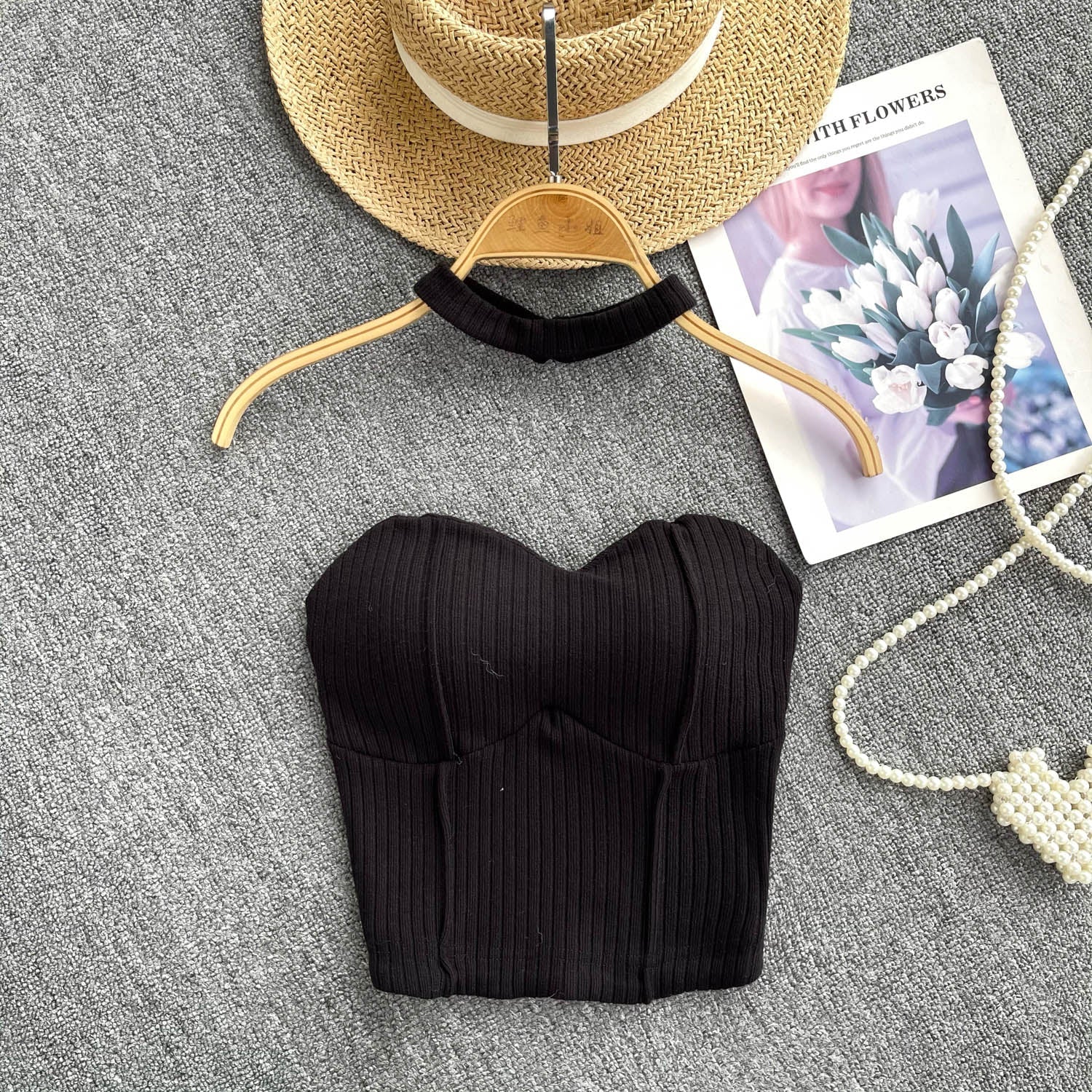 Choker ile Yastıklı Çizgili Örgü Üst