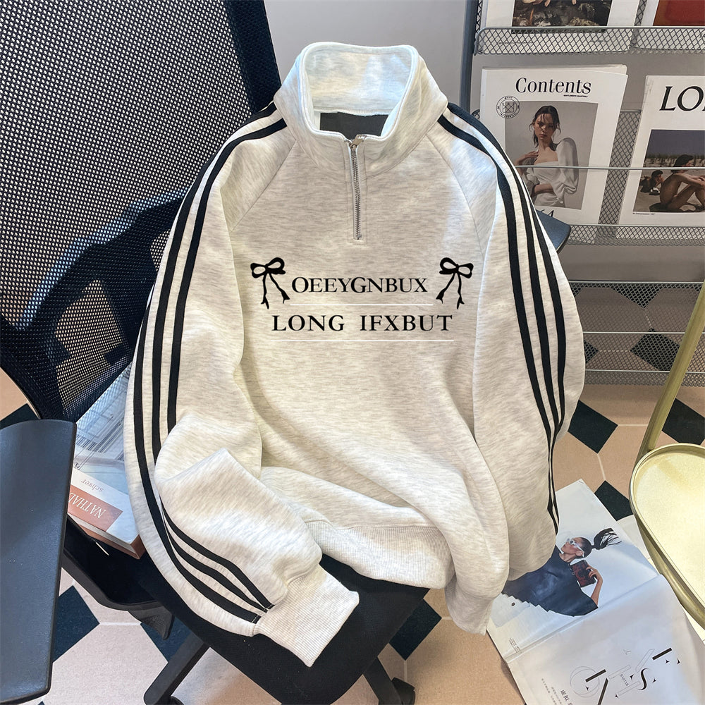 Stand Yaka Fermuarlı Baskılı Sweatshirt