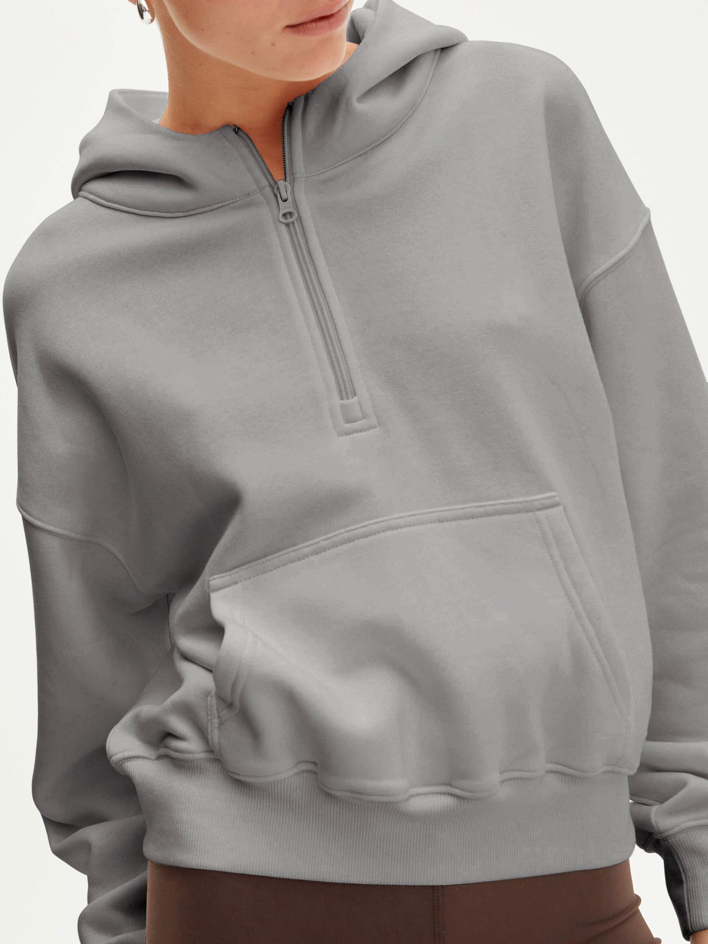 Moda Yarım Fermuarlı Kapüşonlu Sweatshirt