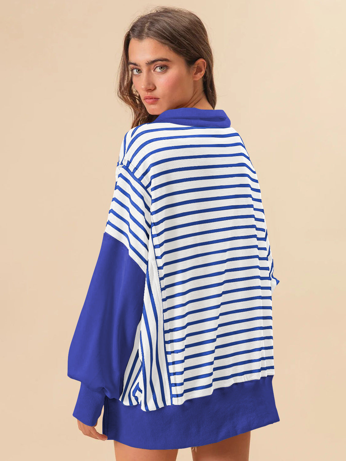 Oversize Renk Bloklama Çizgili Sweatshirt