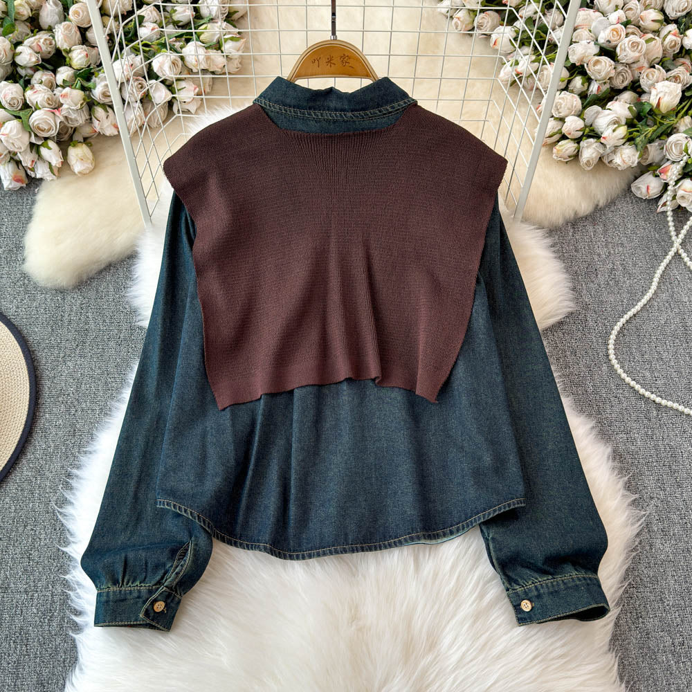 Şal Detaylı Yaka Açık Denim Gömlek