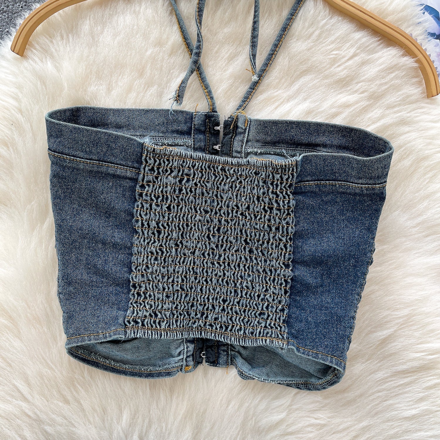 Vintage Denim Plise Askılı Üst