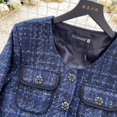 Premium Yuvarlak Yaka Tweed Mavi Blazer