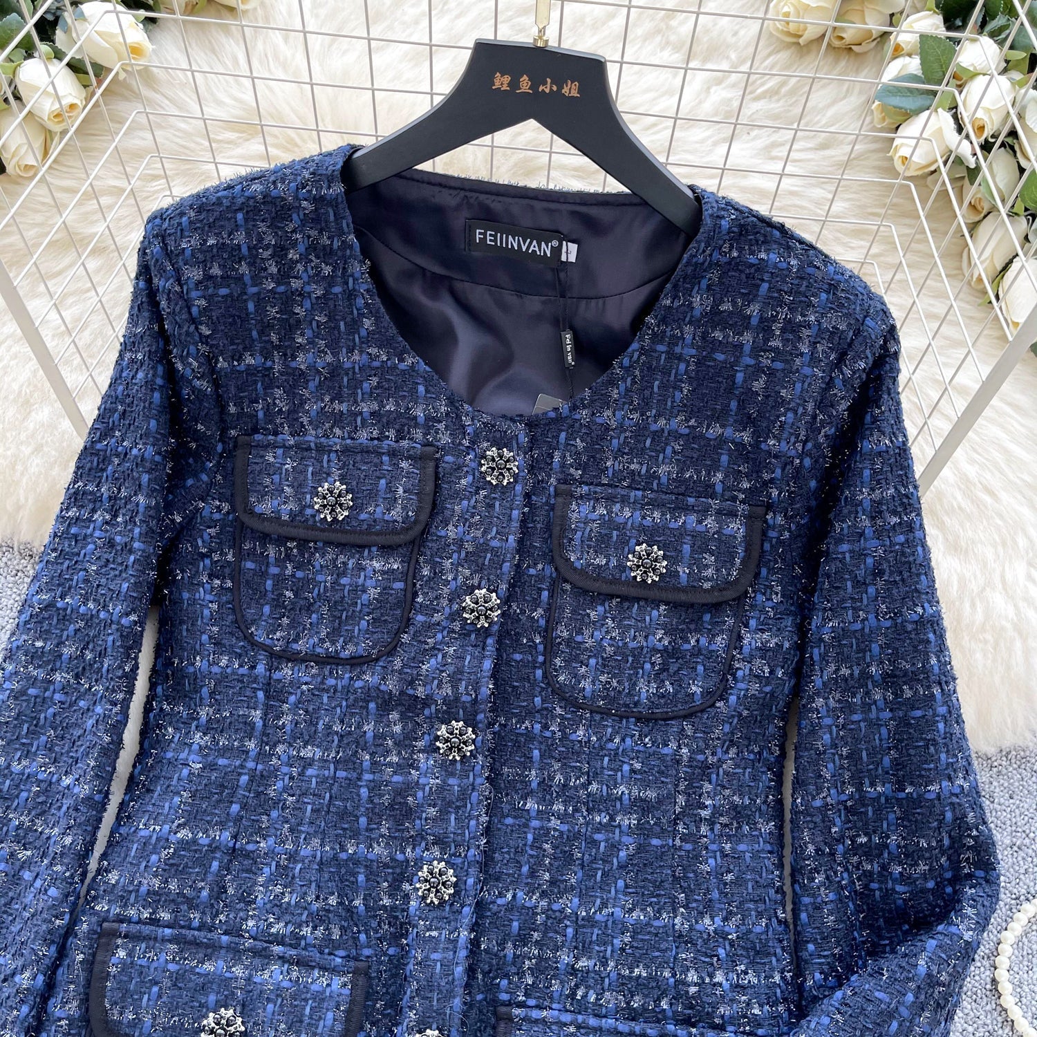 Premium Yuvarlak Yaka Tweed Mavi Blazer