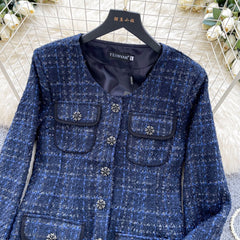 Premium Yuvarlak Yaka Tweed Mavi Blazer