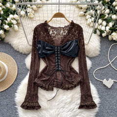 PU Fiyonk Patchwork Dantel Üst