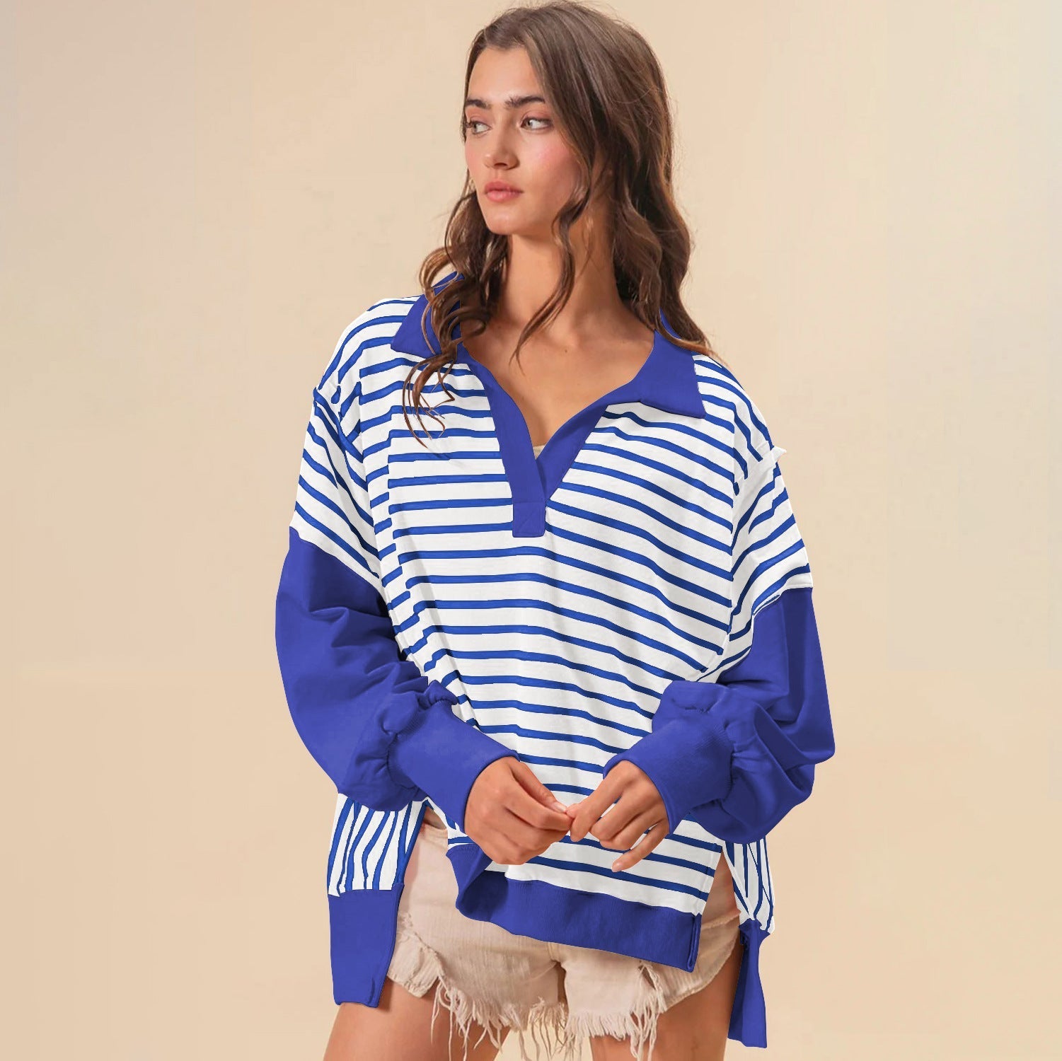 Oversize Renk Bloklama Çizgili Sweatshirt