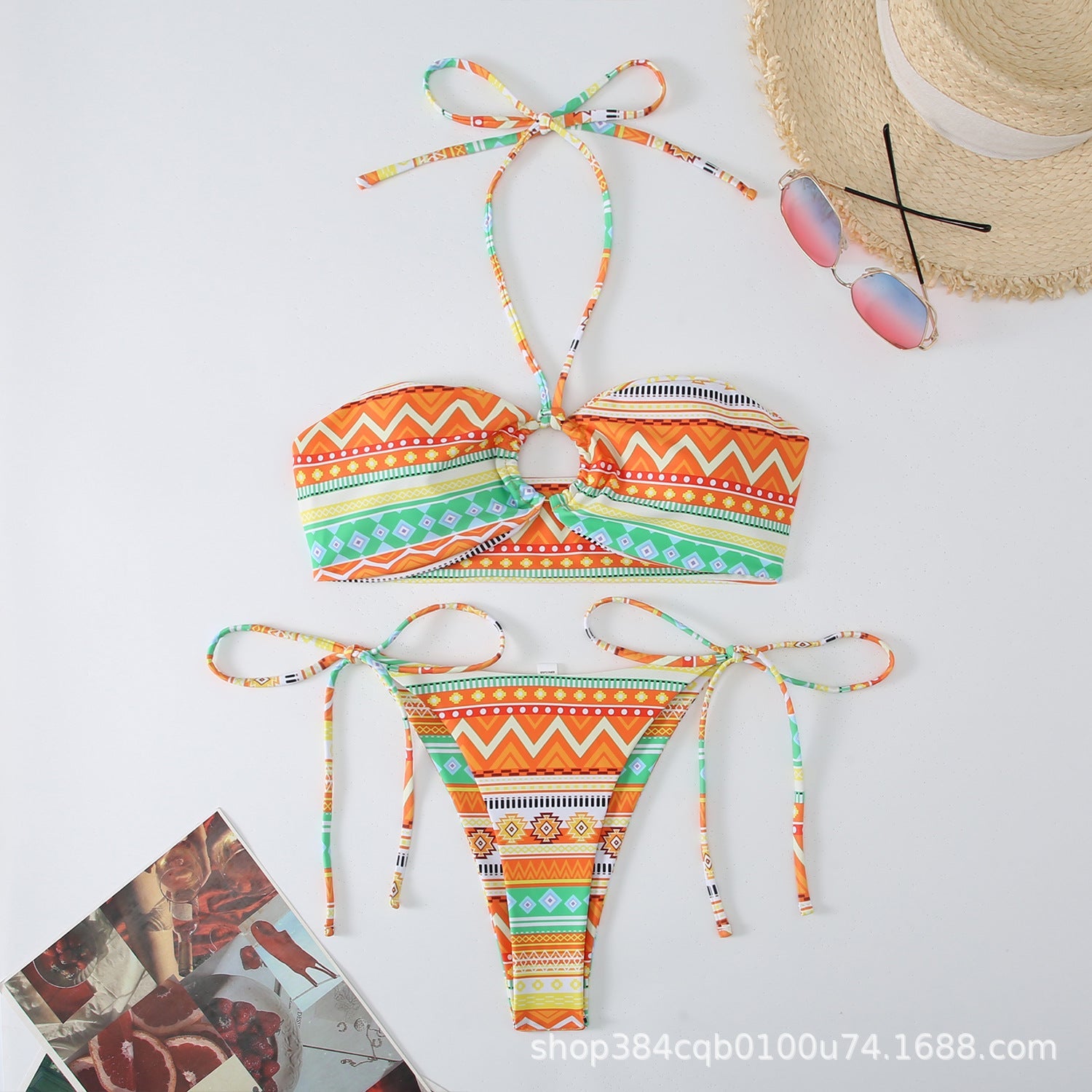 Baskılı Antik Stil Askılı Asılı Boyun Bikini