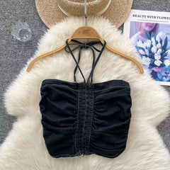 Vintage Denim Plise Askılı Üst