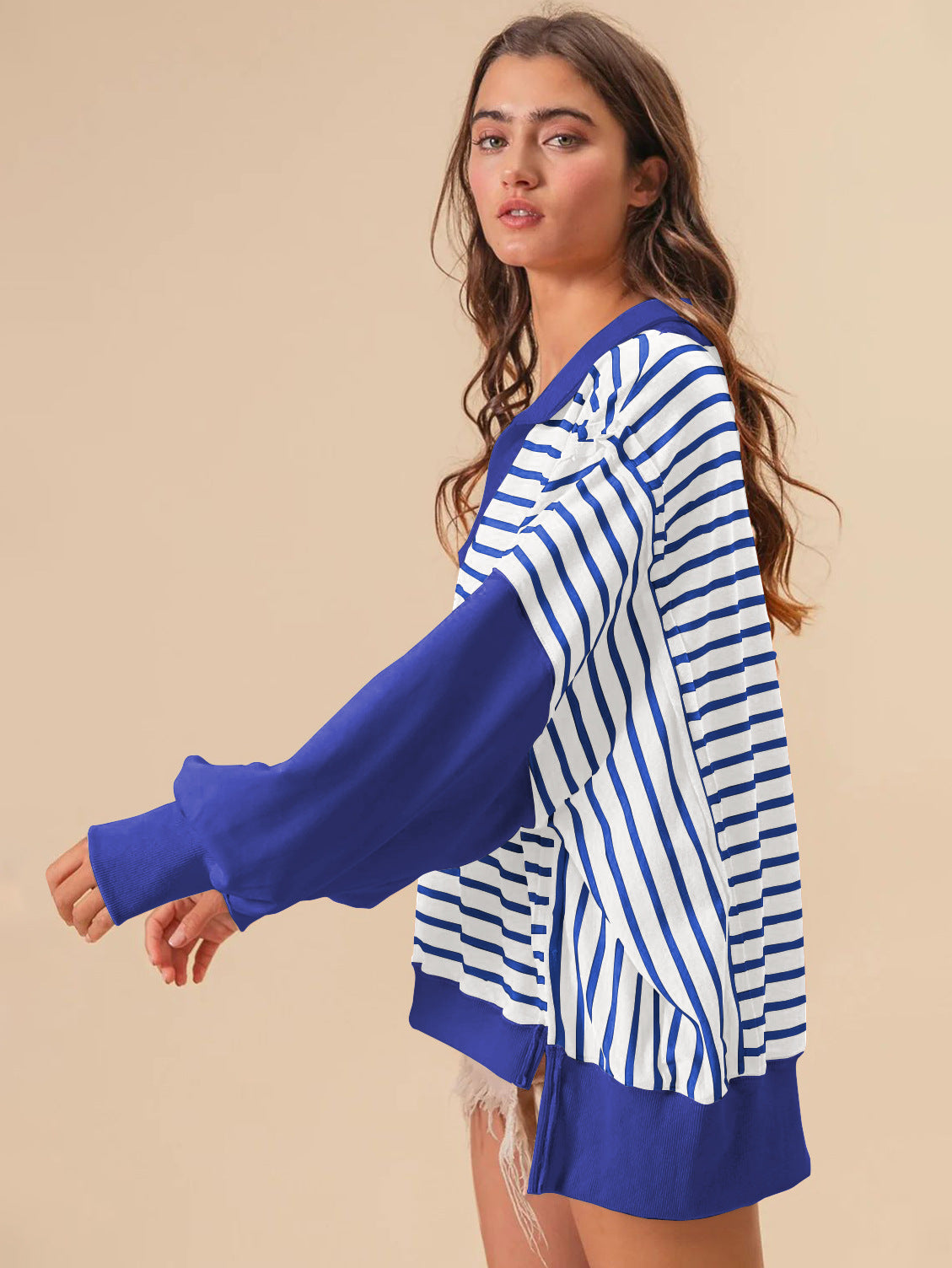 Oversize Renk Bloklama Çizgili Sweatshirt