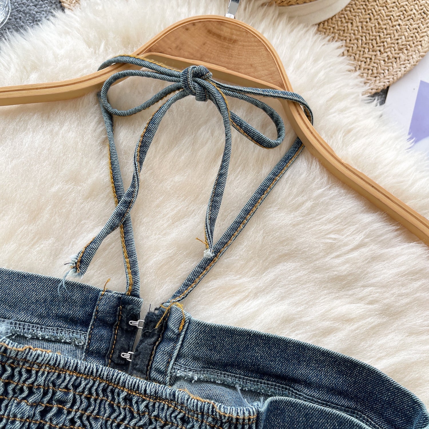 Vintage Denim Plise Askılı Üst
