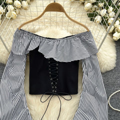 Omuz Açık Çizgili Patchwork Üst