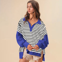 Oversize Renk Bloklama Çizgili Sweatshirt