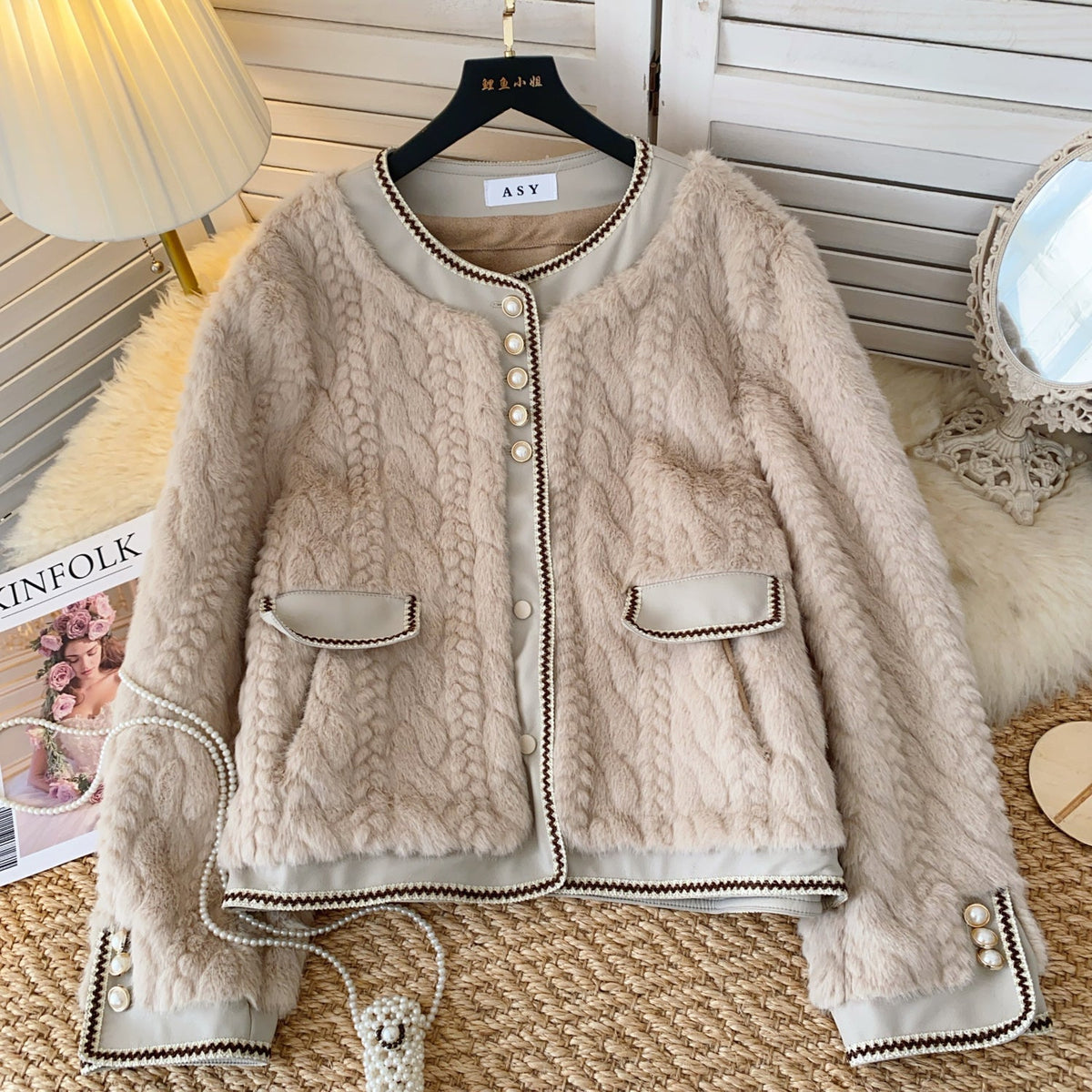 Şık Taklit Minks Patchwork Üst