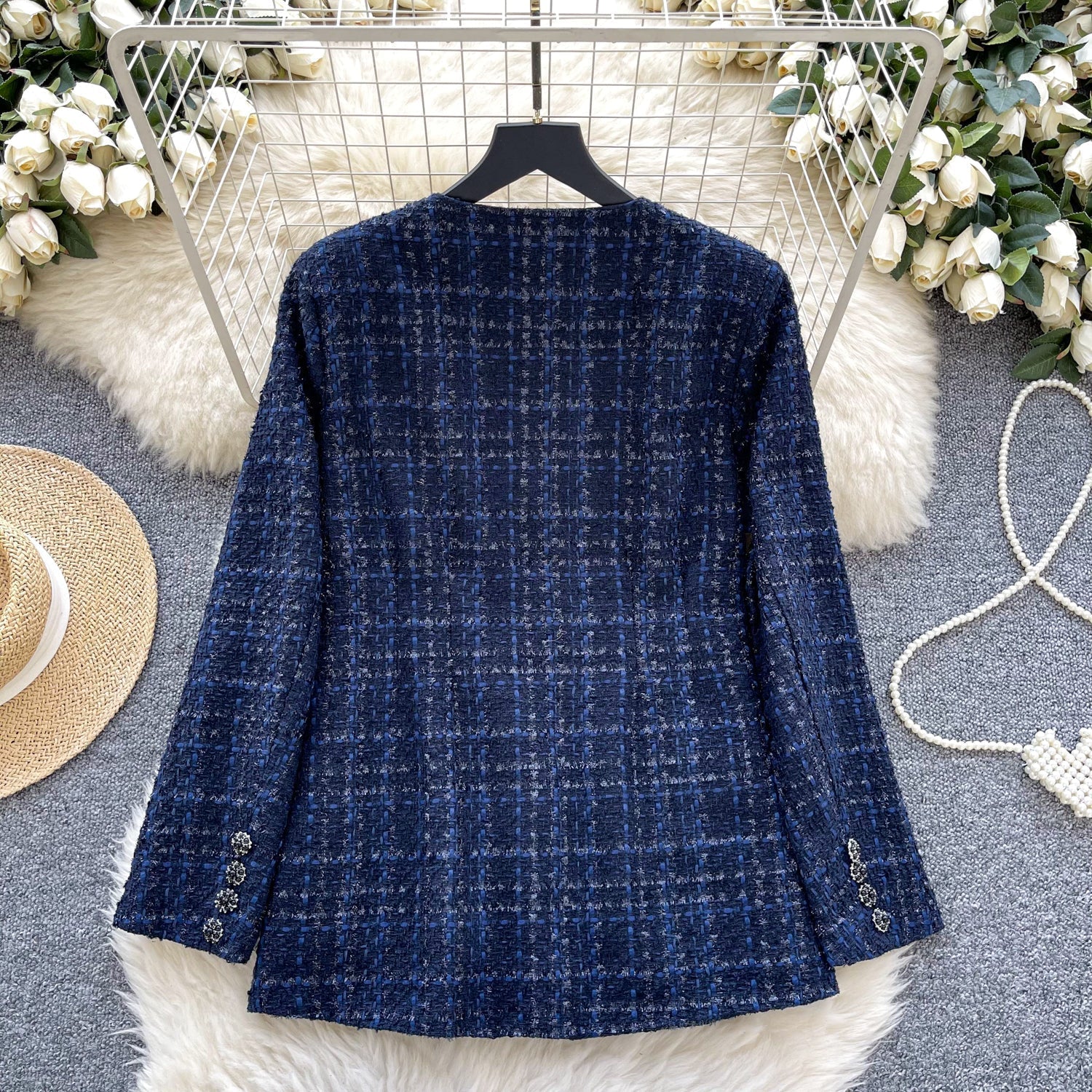 Premium Yuvarlak Yaka Tweed Mavi Blazer