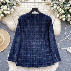 Premium Yuvarlak Yaka Tweed Mavi Blazer