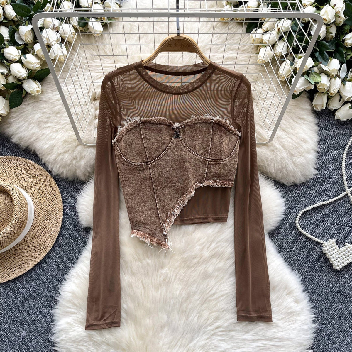 Düzensiz Tasarım Patchwork Denim Üst