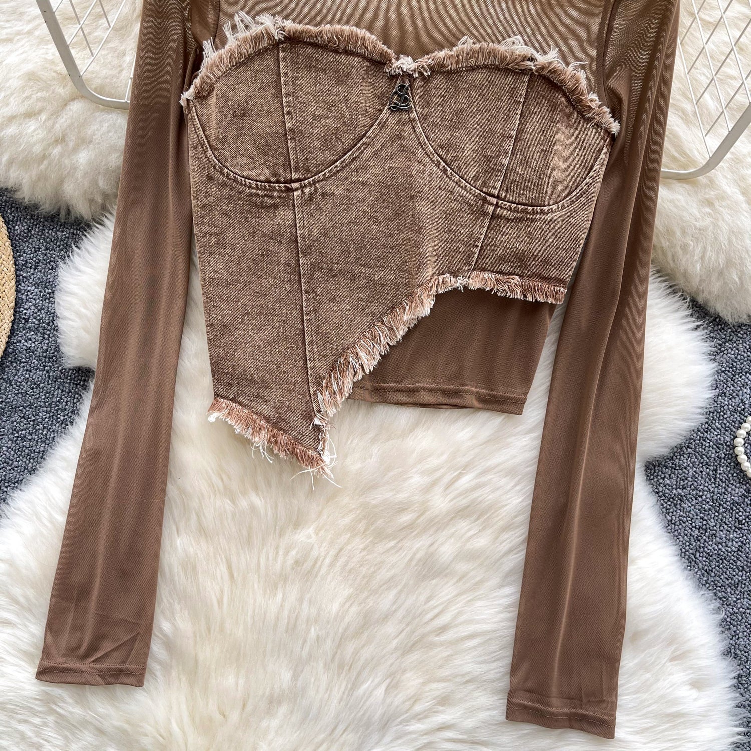 Düzensiz Tasarım Patchwork Denim Üst