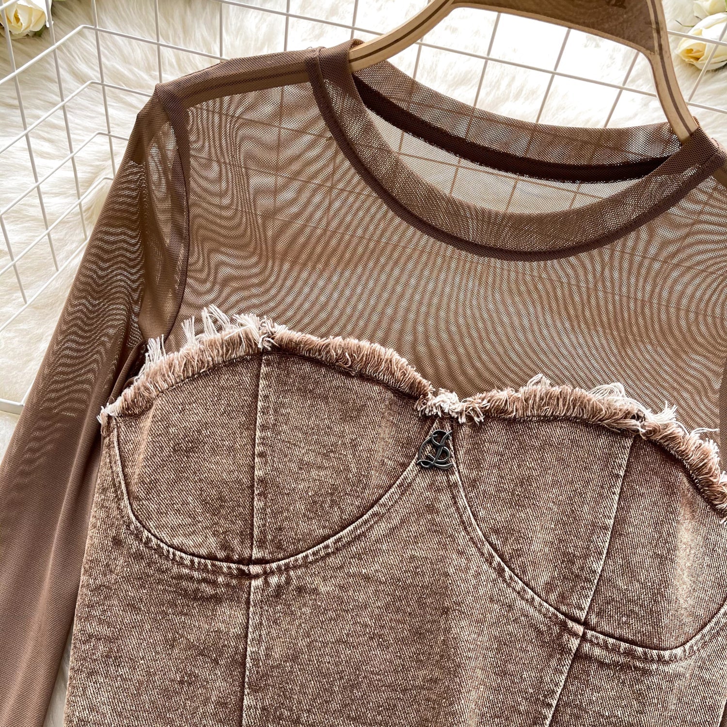 Düzensiz Tasarım Patchwork Denim Üst
