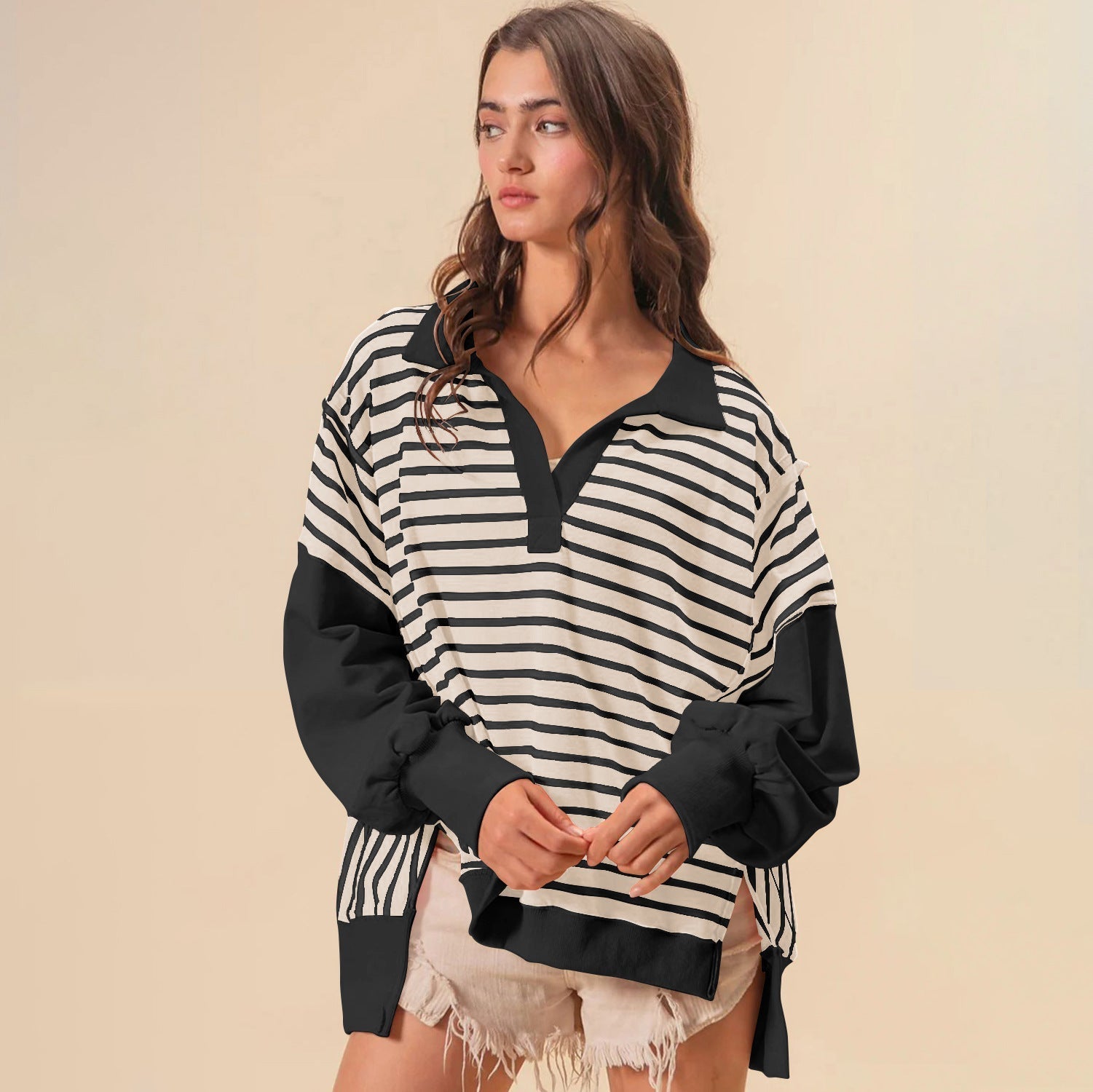 Oversize Renk Bloklama Çizgili Sweatshirt