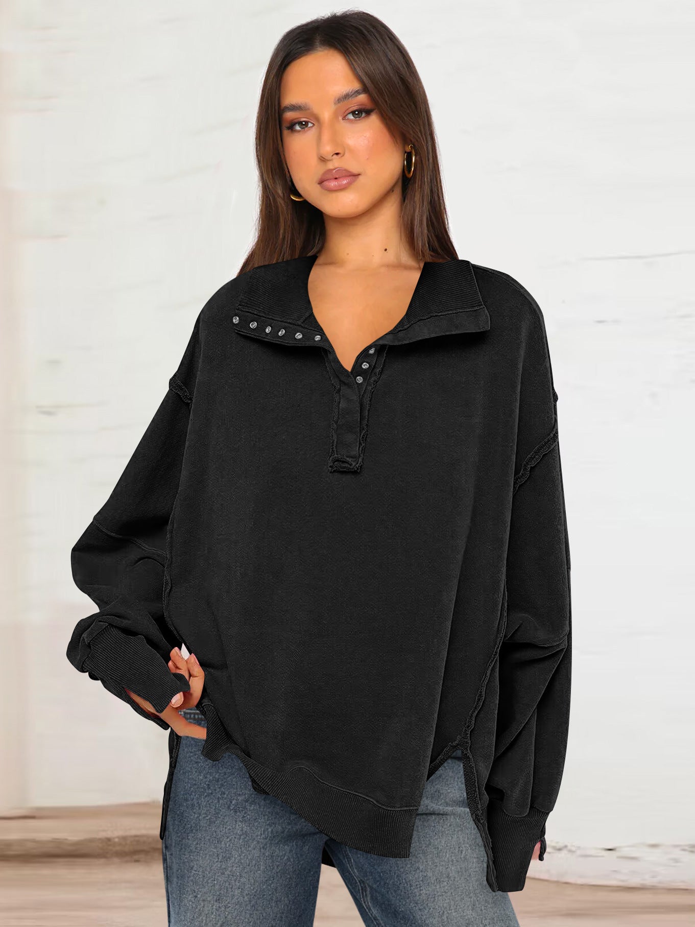Oversize Yaka Kesik Sweatshirt