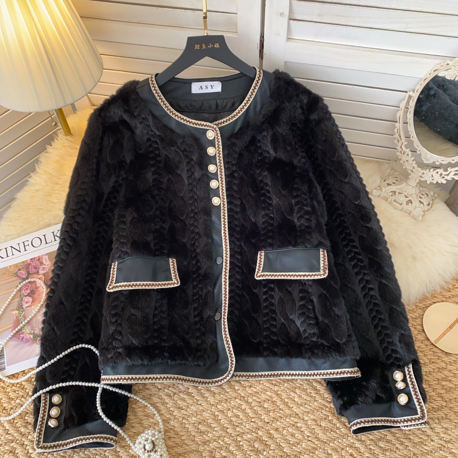 Şık Taklit Minks Patchwork Üst