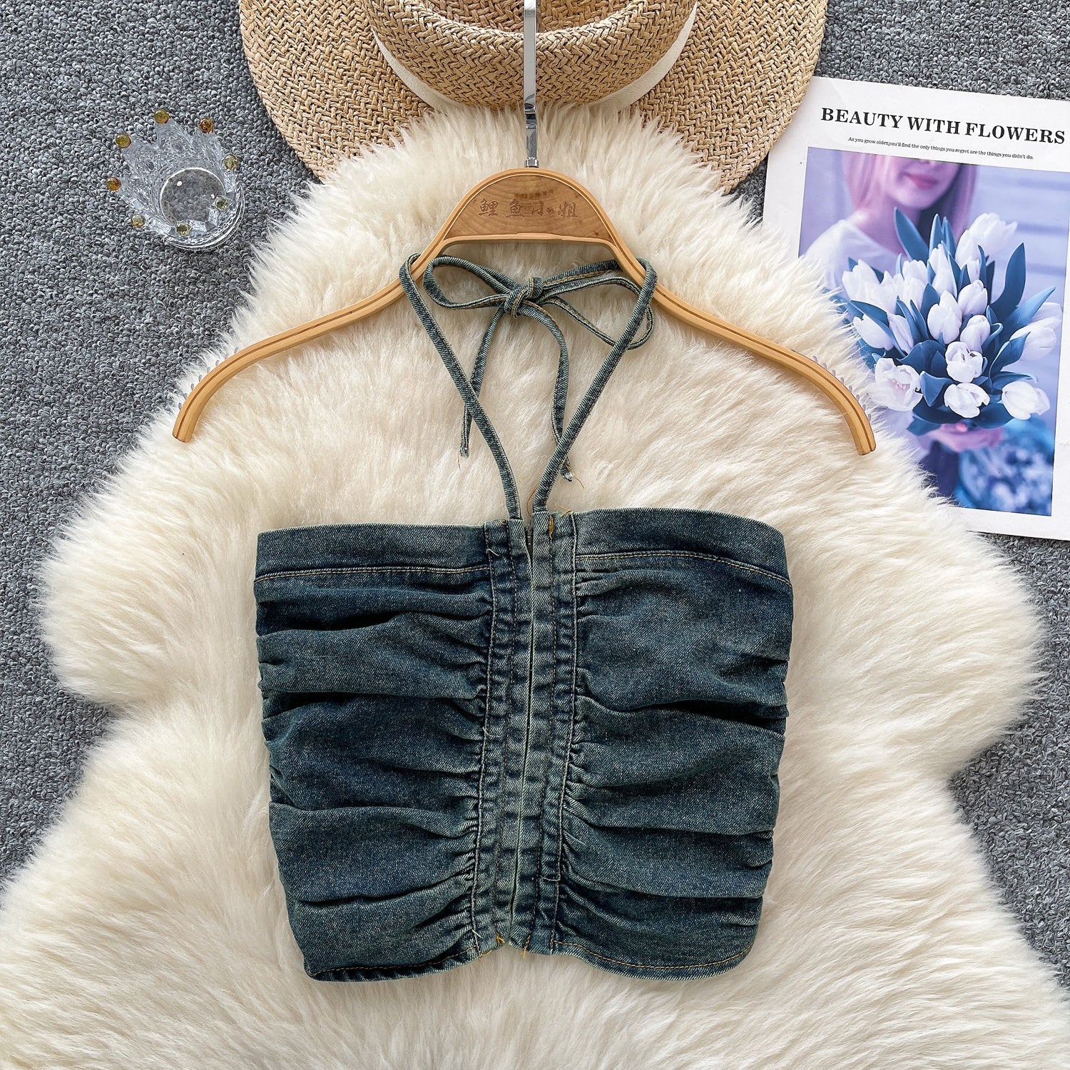 Vintage Denim Plise Askılı Üst