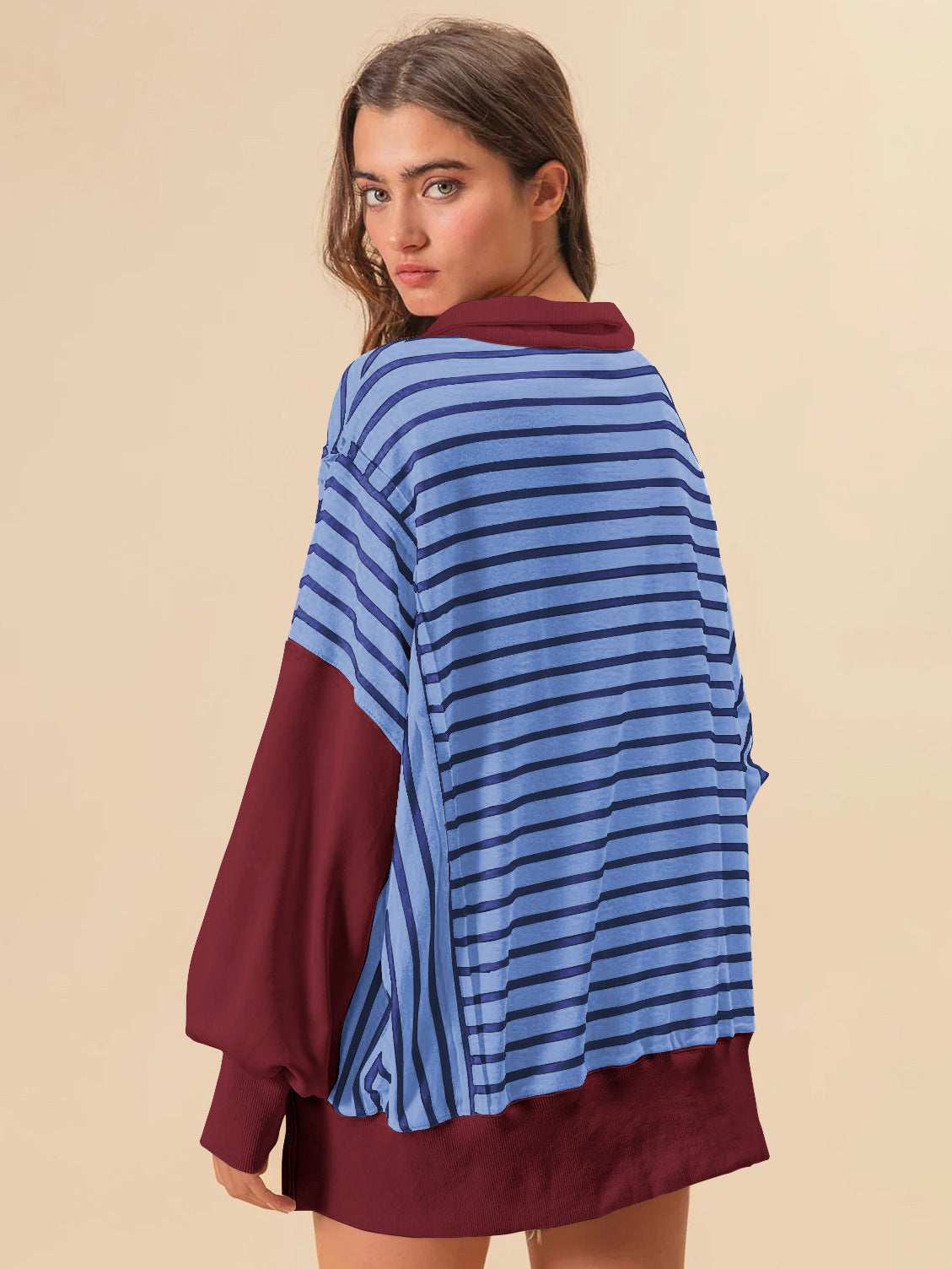 Oversize Renk Bloklama Çizgili Sweatshirt