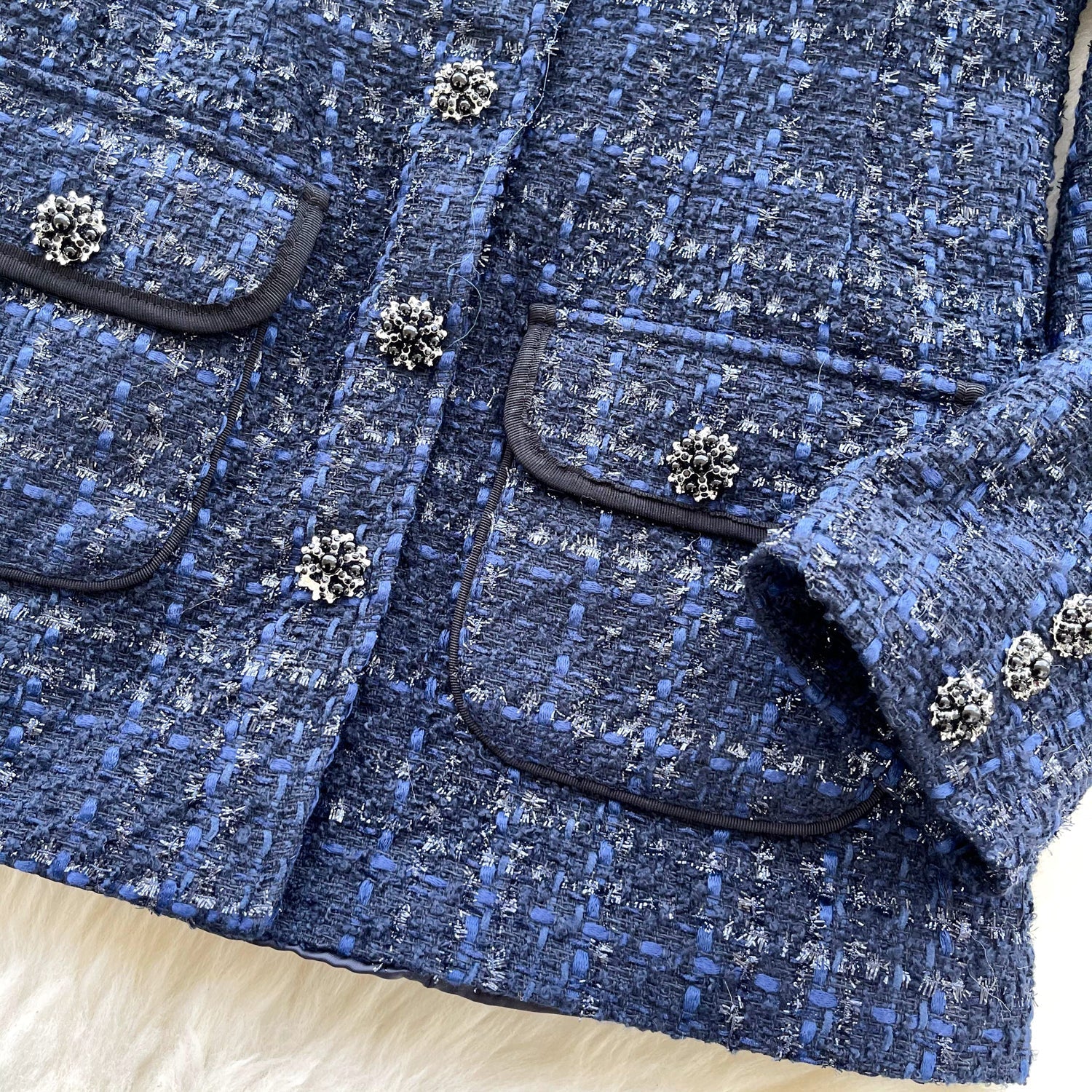 Premium Yuvarlak Yaka Tweed Mavi Blazer