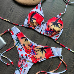 Baskılı Üçgen Bağlama İpli Üç Noktalı Bikini