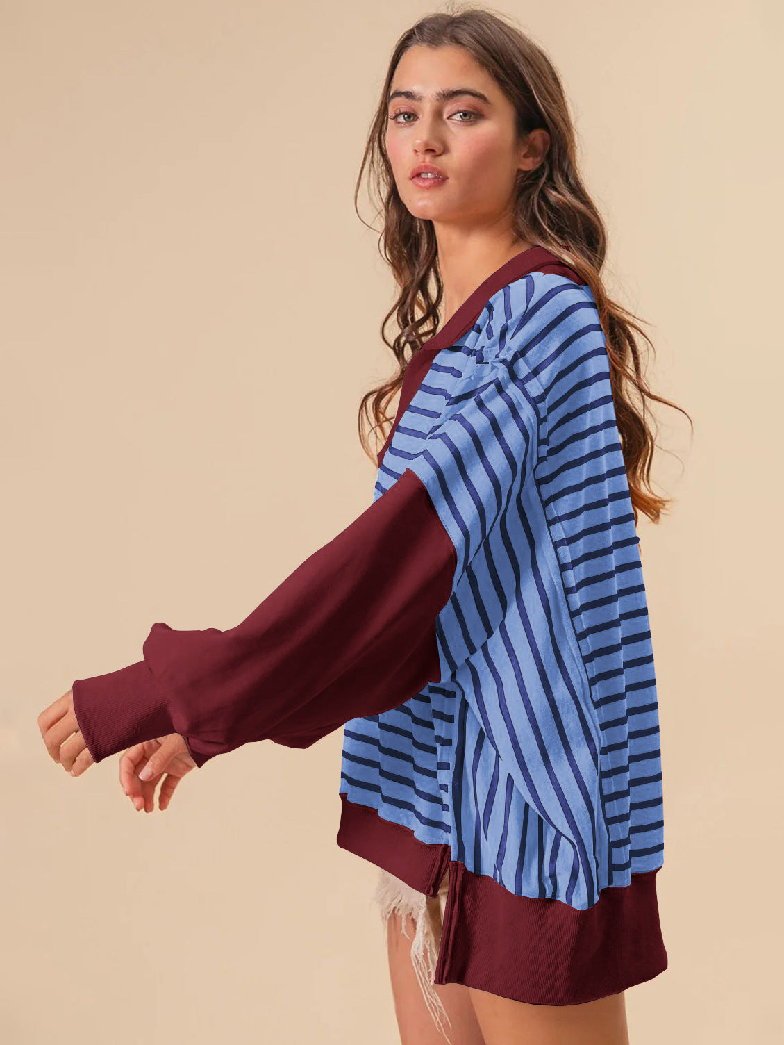Oversize Renk Bloklama Çizgili Sweatshirt