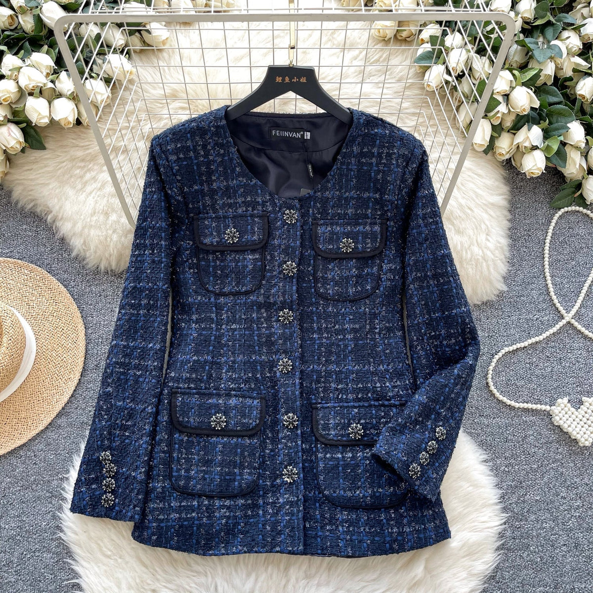 Premium Yuvarlak Yaka Tweed Mavi Blazer