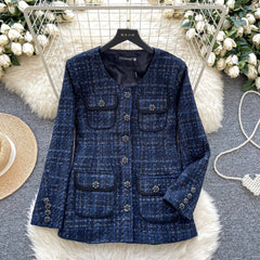 Premium Yuvarlak Yaka Tweed Mavi Blazer