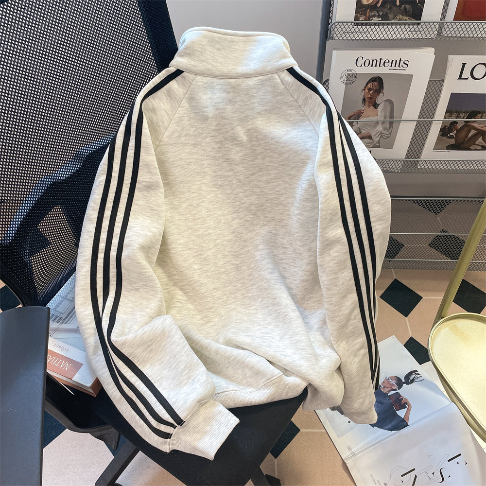 Stand Yaka Fermuarlı Baskılı Sweatshirt