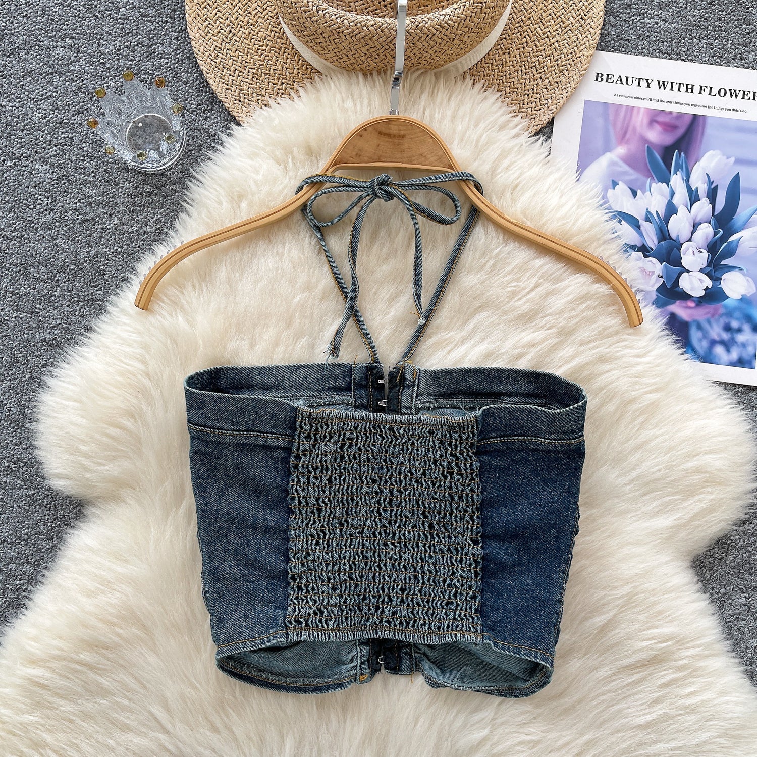 Vintage Denim Plise Askılı Üst
