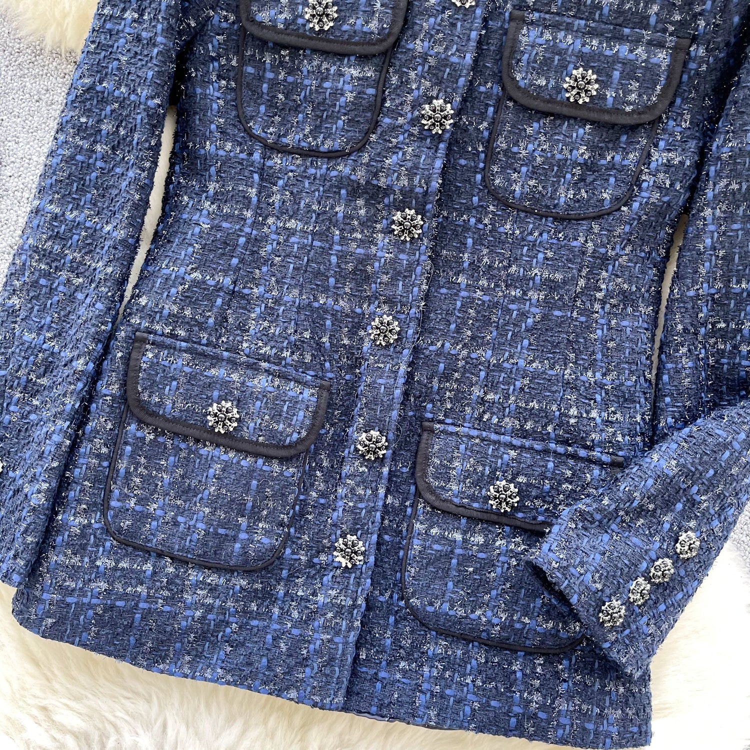Premium Yuvarlak Yaka Tweed Mavi Blazer