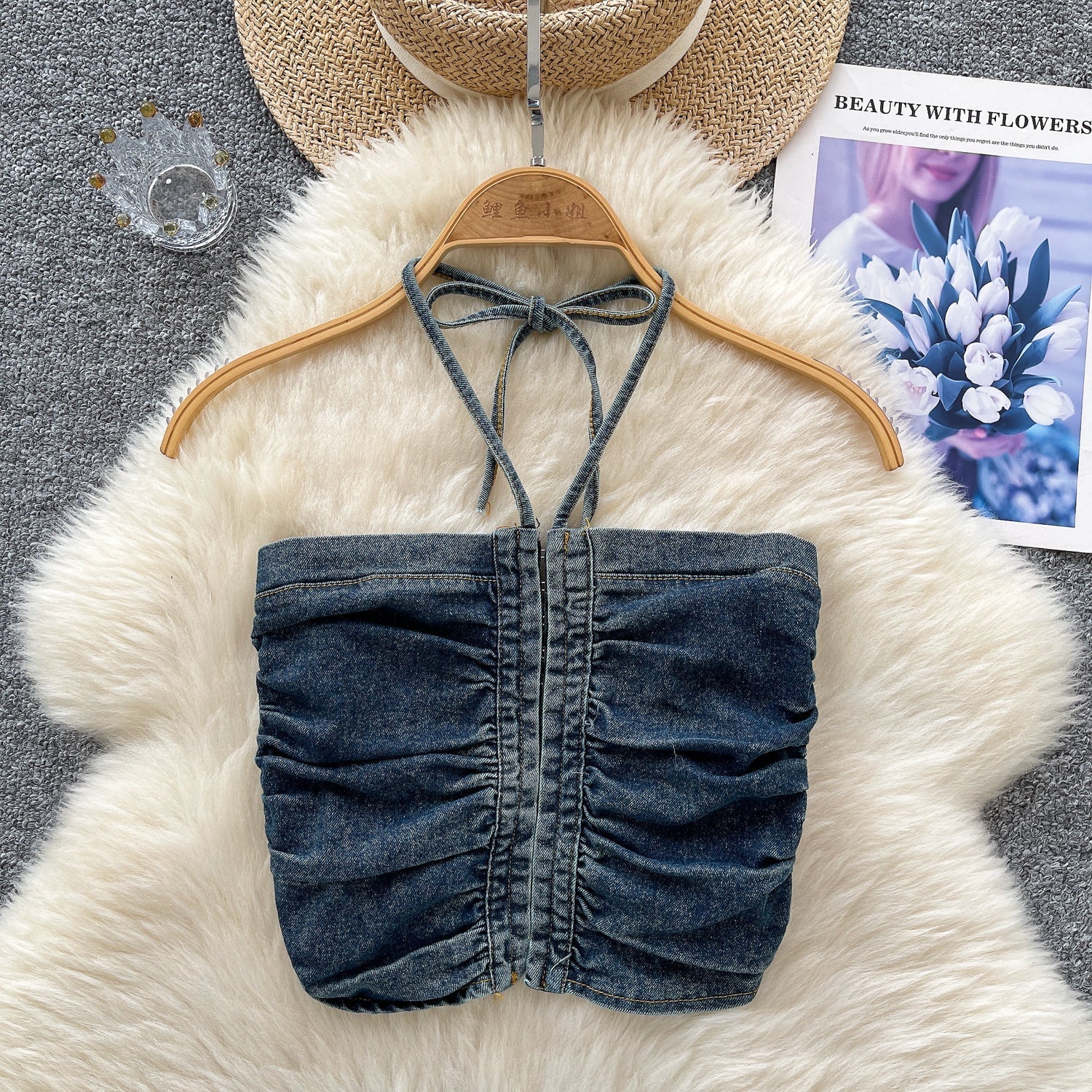 Vintage Denim Plise Askılı Üst