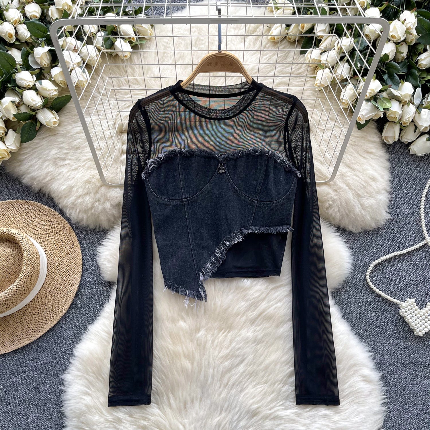 Düzensiz Tasarım Patchwork Denim Üst