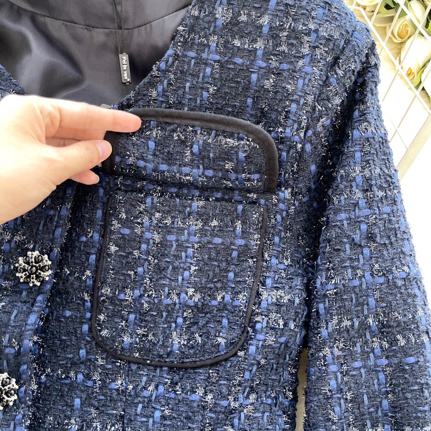 Premium Yuvarlak Yaka Tweed Mavi Blazer