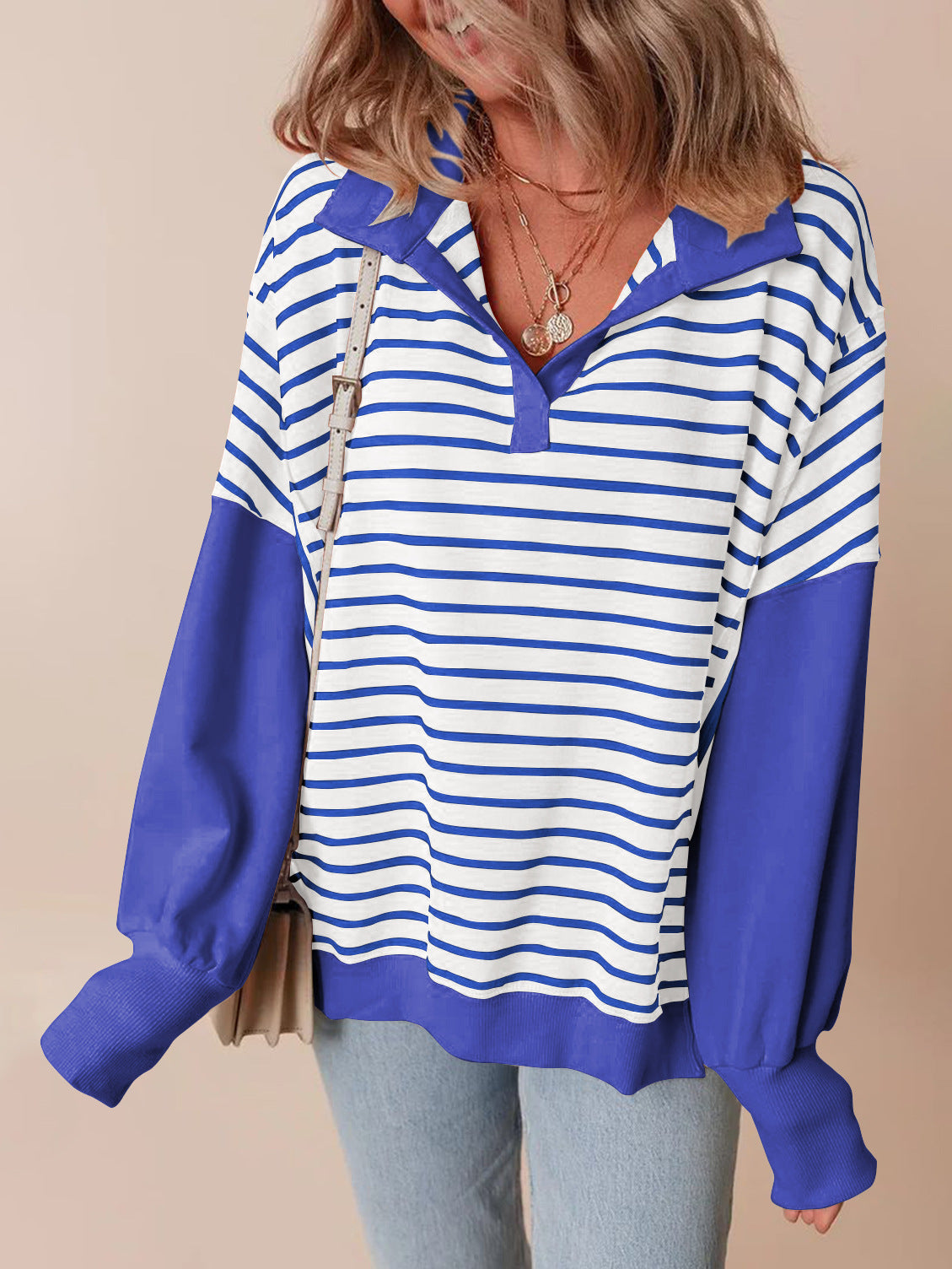 Oversize Renk Bloklama Çizgili Sweatshirt