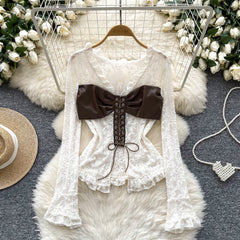 PU Fiyonk Patchwork Dantel Üst