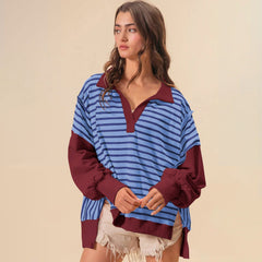 Oversize Renk Bloklama Çizgili Sweatshirt