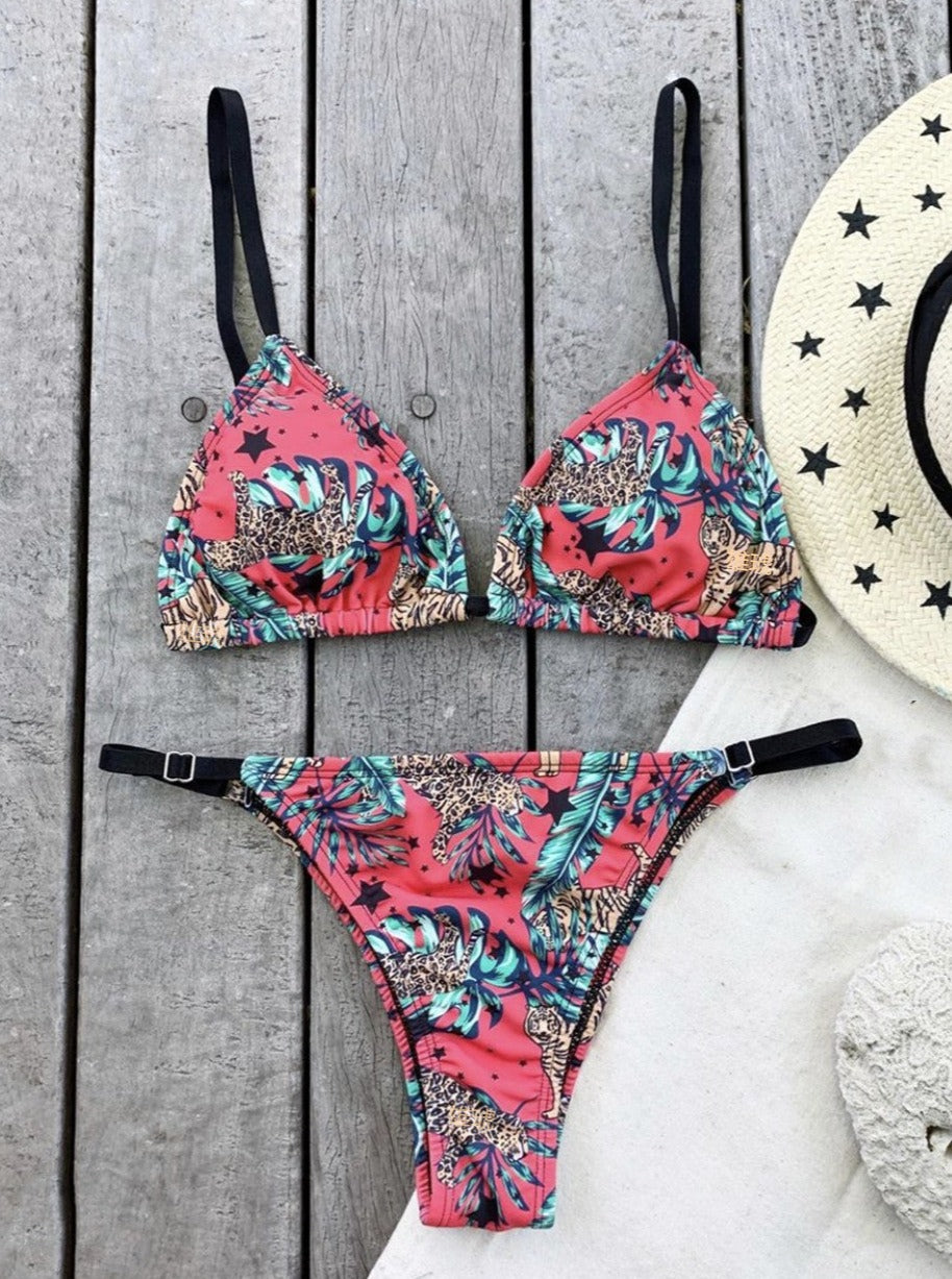 Renkli Leopar Desenli Bağcıklı Bikini